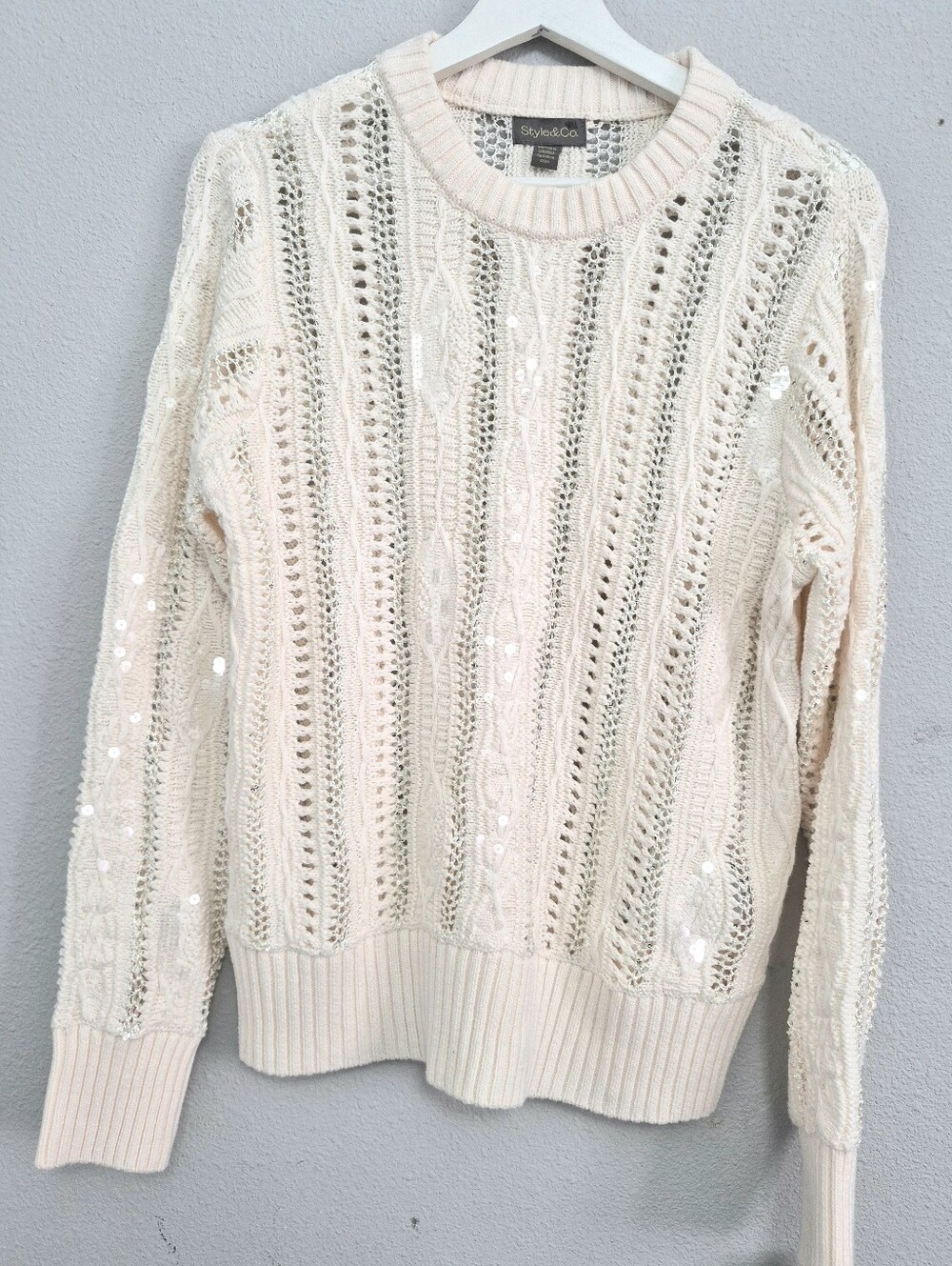 Style & Co Cable Knit Open Weave Sequin Sweater Eggnog M Festive Feminine
